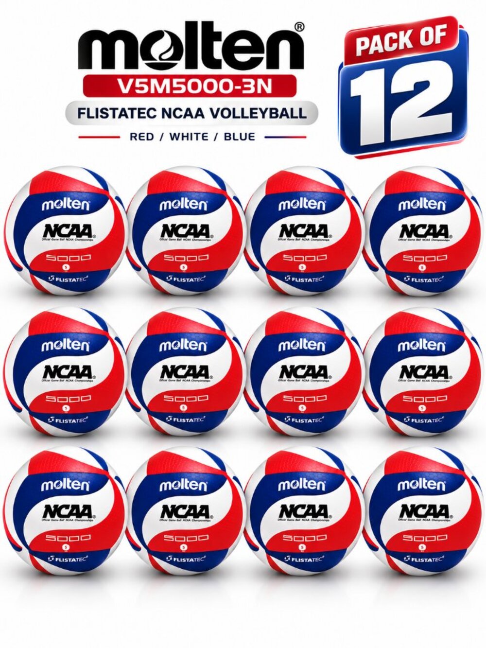 Molten V5M5000-3N Flistatec NCAA Volleyball Red/White/Blue Pack of 12